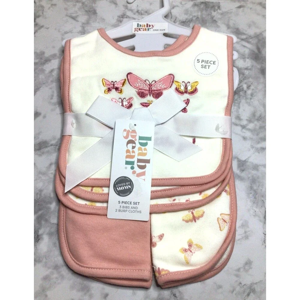 New Baby Gear 5-Piece Set  -Cloths Pink Gingham - Butterflies And Flowers
